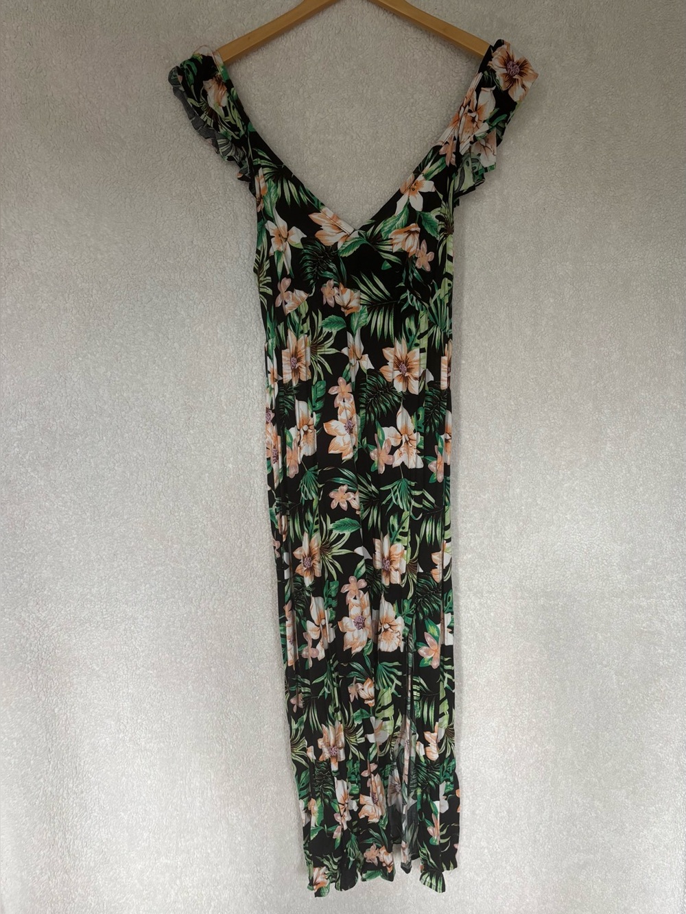 Almost Famous Black Maxi Dress with Green and Peach Floral Print
